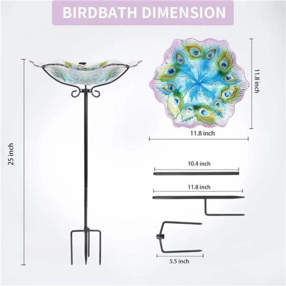 Glass Bird Bath, Garden Outdoor Birdbaths Birdfeeder with Metal Stake Peacock